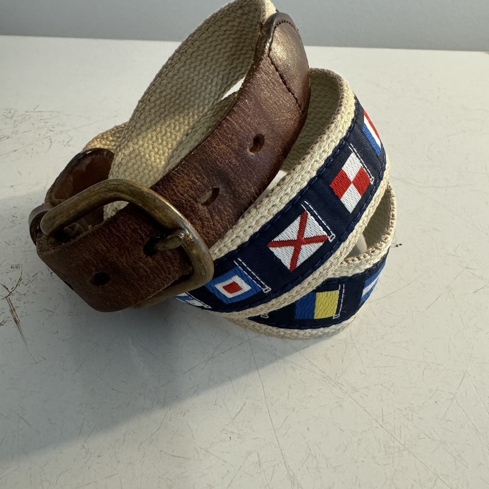 Leather Man Ltd Brass Buckle Nautical Flags Tan Navy Belt Men's 34"
